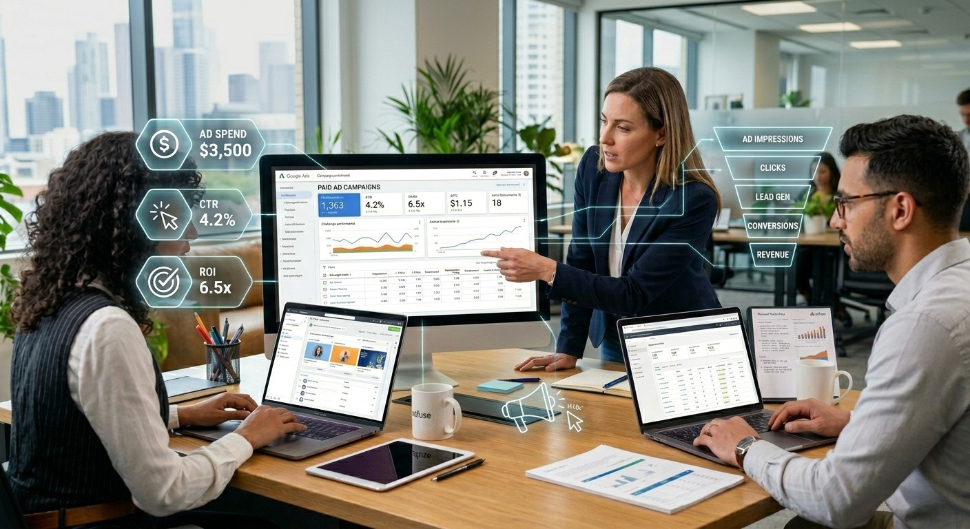 Digital advertising analytics showing conversion rates and ROI tracking for paid campaigns