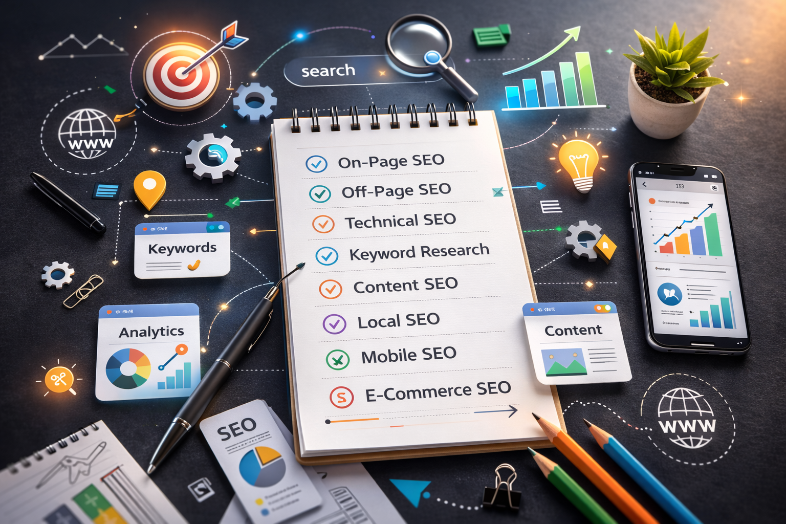 SEO audit dashboard with search engine results ranking and traffic growth analysis