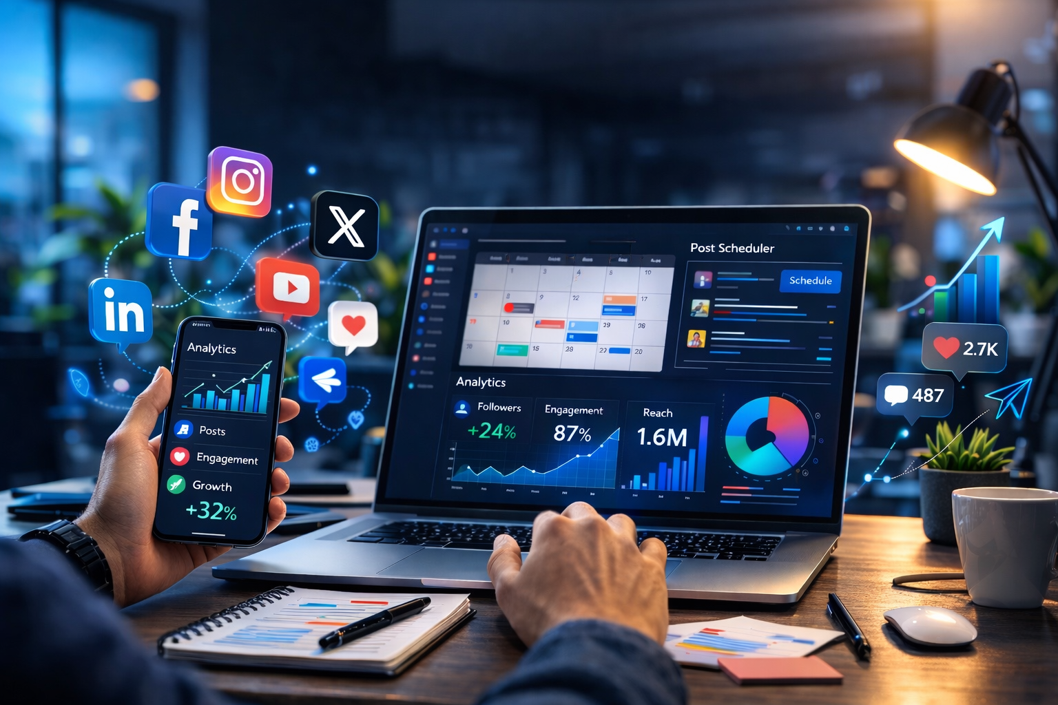 Social media marketing dashboard with engagement metrics and community growth visualization